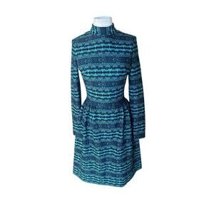 Vintage 70s Dress Blue Patterned Knit Midi Fit & Flare Long Sleeves Small S Bold